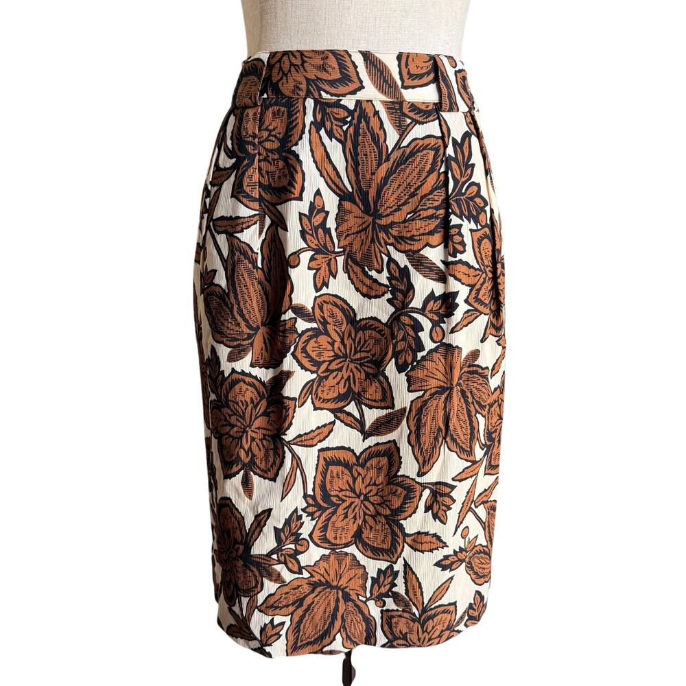 Jones New York Vintage Floral Skirt Brown & Cream Rayon Blend Size 10